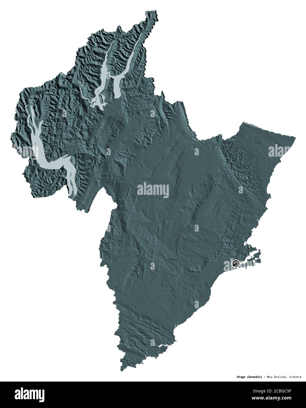 Shape of Otago, regional council of New Zealand, with its capital isolated on white background. Colored elevation map. 3D rendering Stock Photo