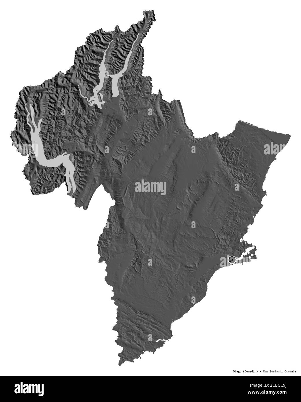 Shape of Otago, regional council of New Zealand, with its capital isolated on white background. Bilevel elevation map. 3D rendering Stock Photo