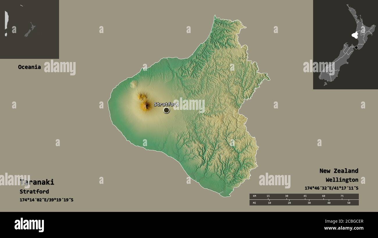 Map Of Taranaki Region Shape Of Taranaki, Regional Council Of New Zealand, And Its Capital.  Distance Scale, Previews And Labels. Topographic Relief Map. 3D Rendering  Stock Photo - Alamy