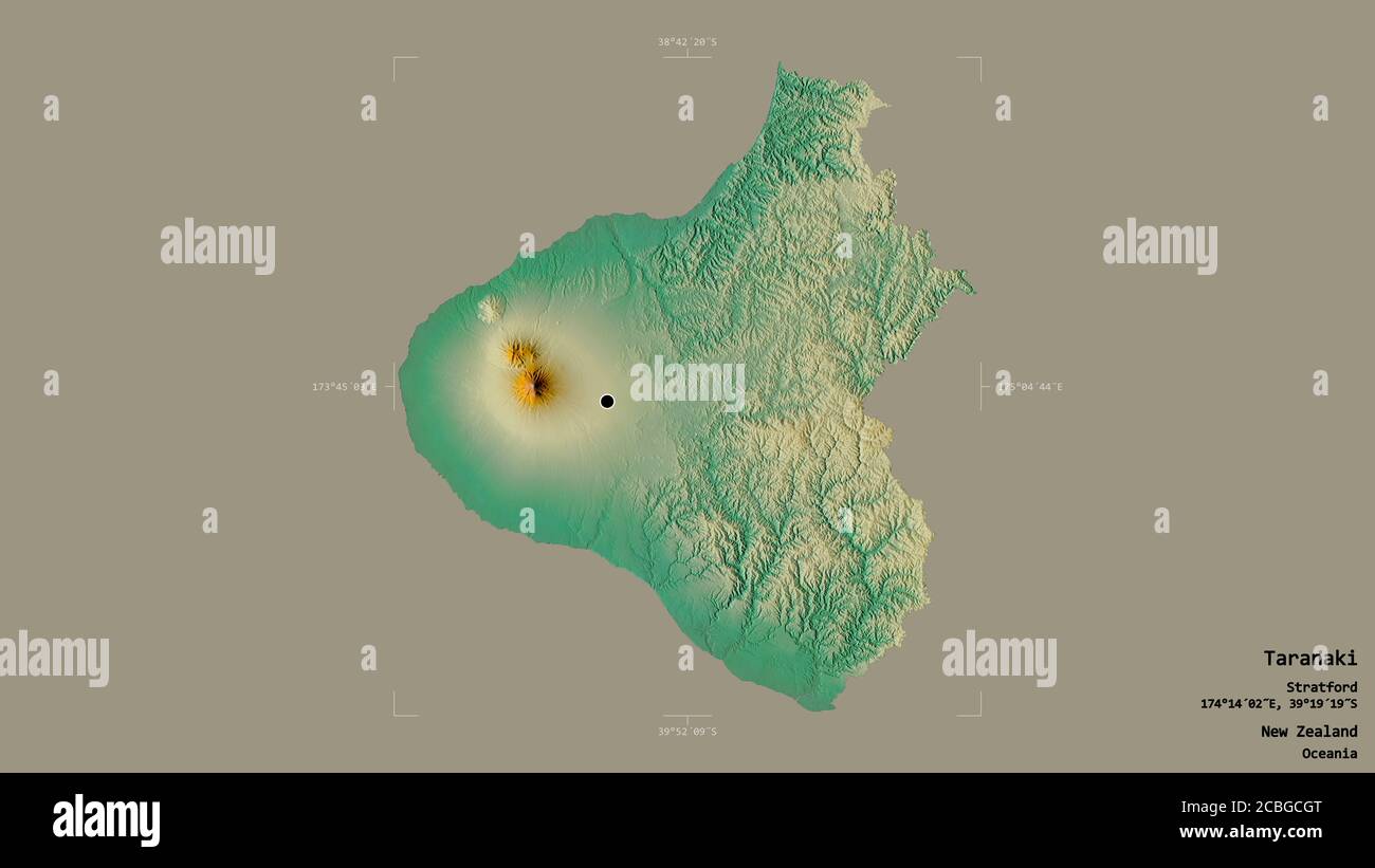 Taranaki Regional Council Maps Area Of Taranaki, Regional Council Of New Zealand, Isolated On A Solid  Background In A Georeferenced Bounding Box. Labels. Topographic Relief Map.  3D Stock Photo - Alamy