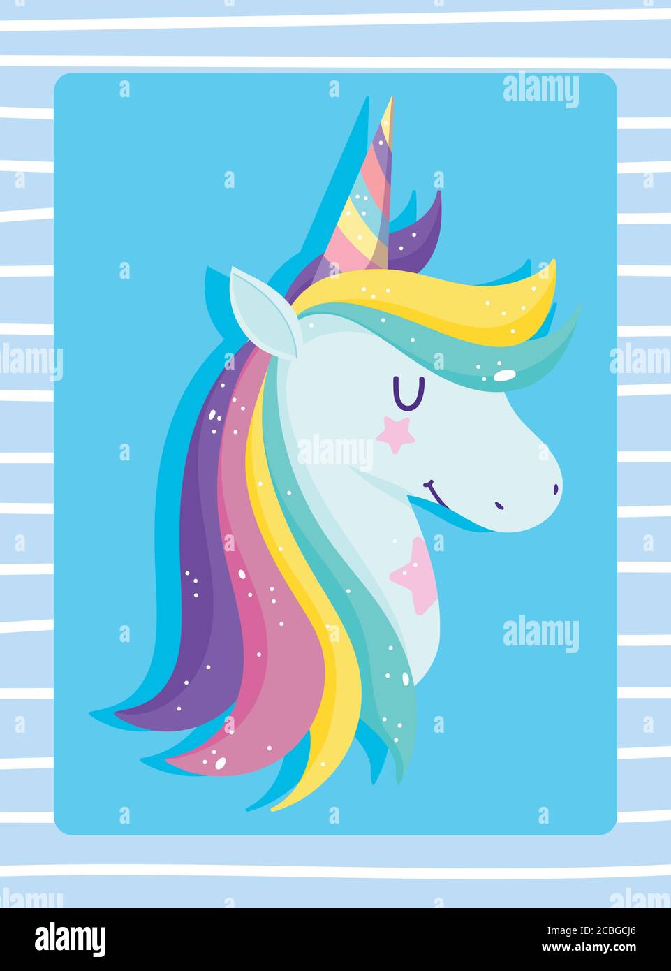 unicorn with rainbow mane and horn fantasy cartoon blue background ...