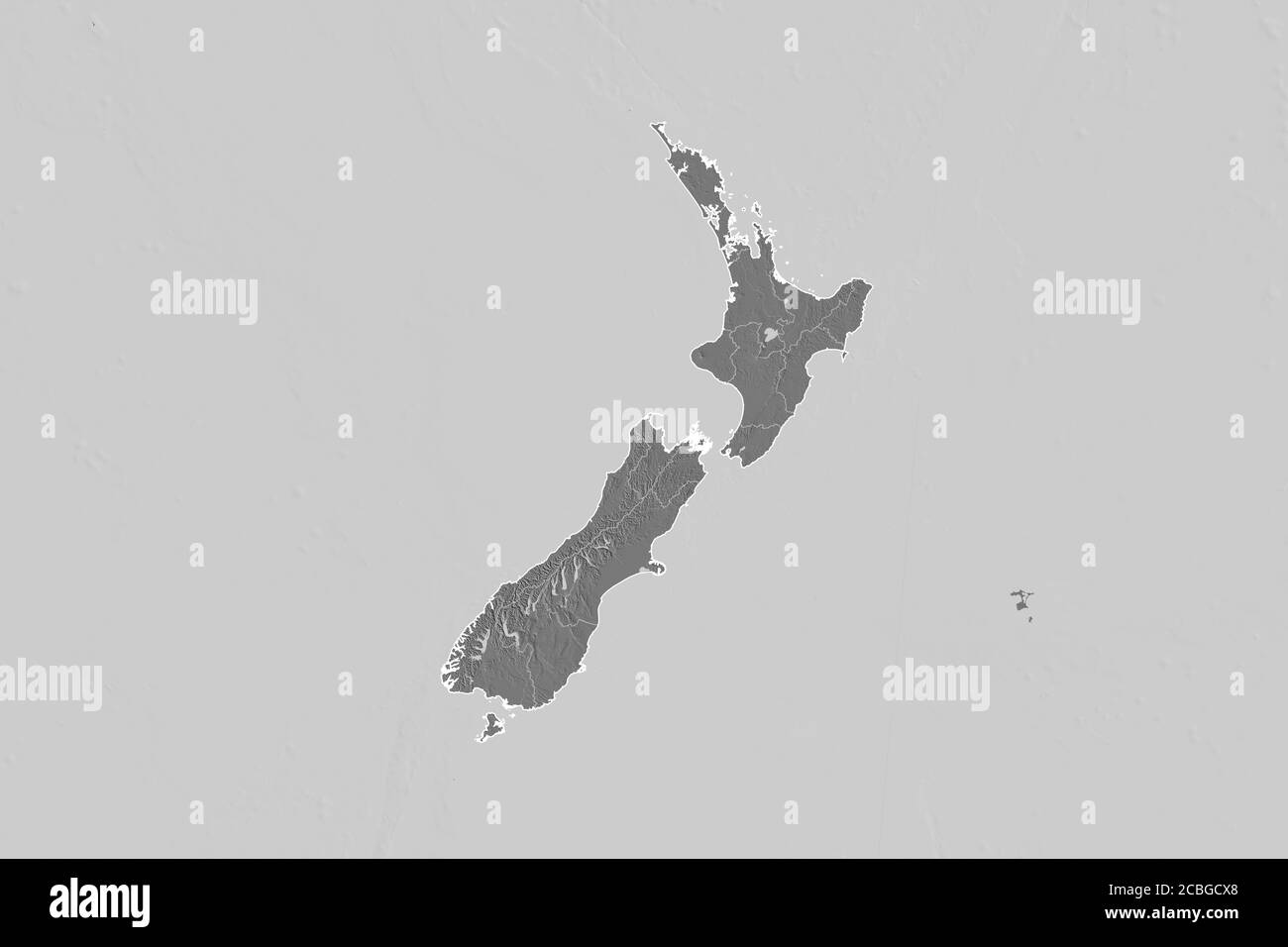 Extended area of New Zealand with country outline, international and regional borders. Bilevel elevation map. 3D rendering Stock Photo