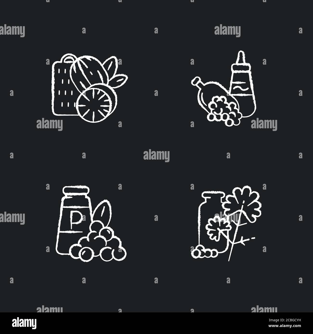 Spicy condiments chalk white icons set on black background Stock Vector