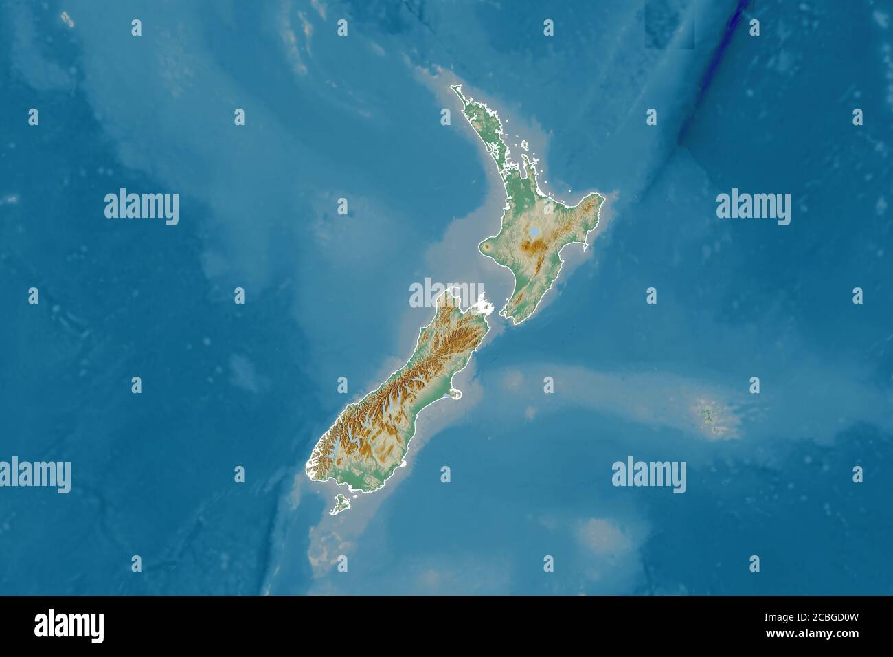Extended area of outlined New Zealand. Topographic relief map. 3D