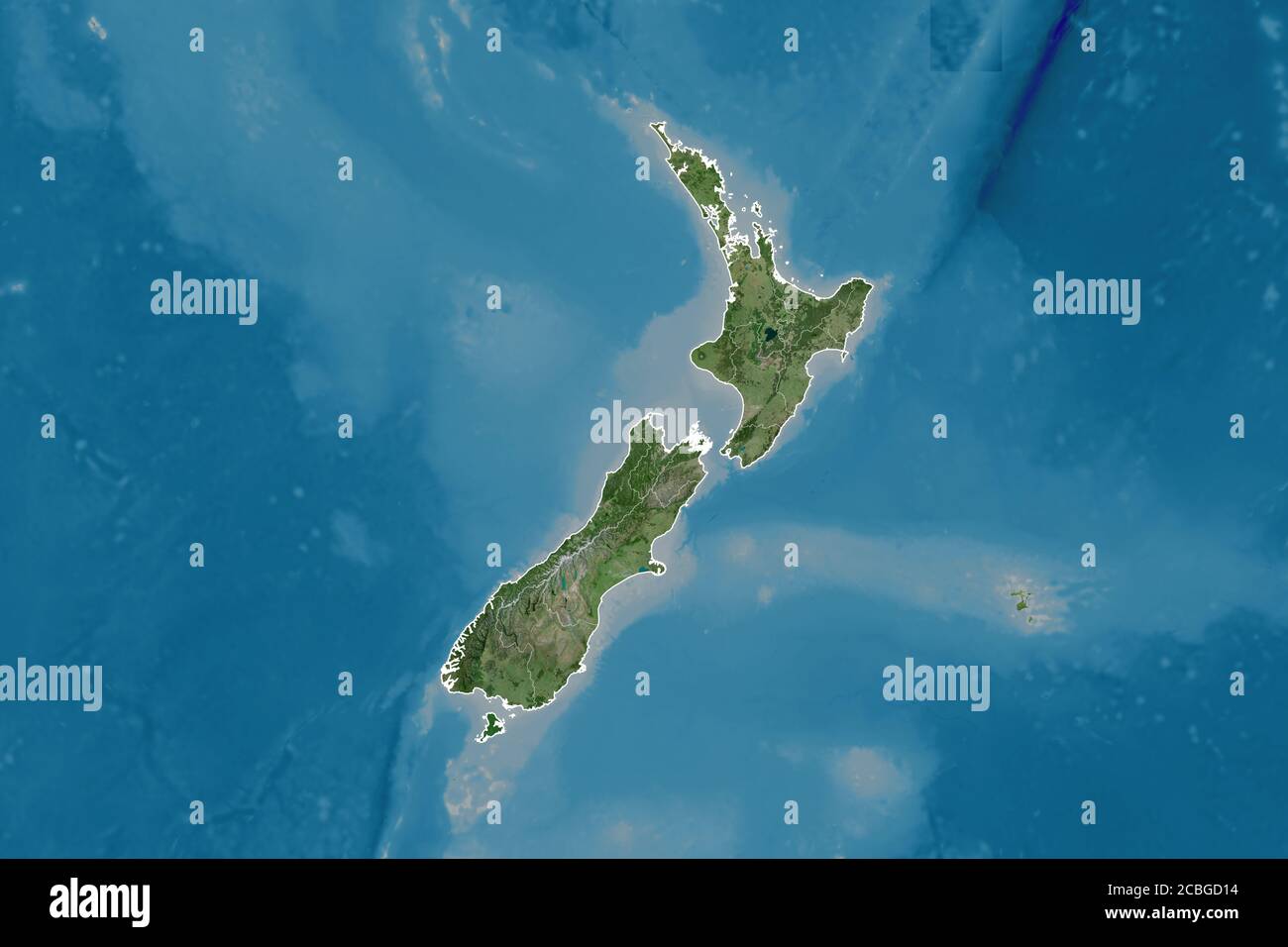 Extended area of New Zealand with country outline, international and regional borders. Satellite imagery. 3D rendering Stock Photo