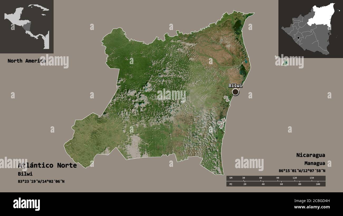 Shape of Atlántico Norte, autonomous region of Nicaragua, and its capital. Distance scale, previews and labels. Satellite imagery. 3D rendering Stock Photo