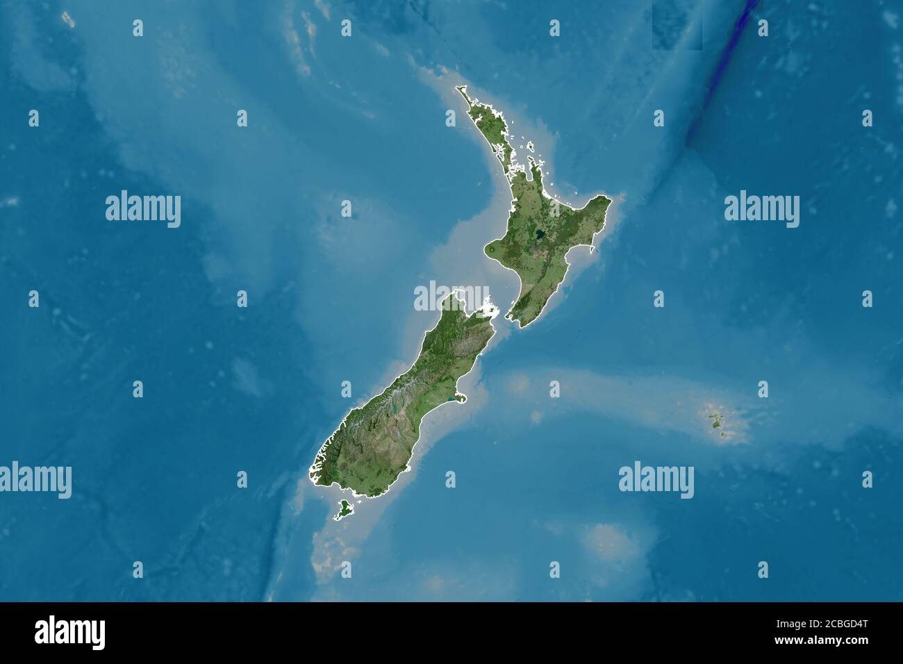 Extended area of outlined New Zealand. Satellite imagery. 3D rendering