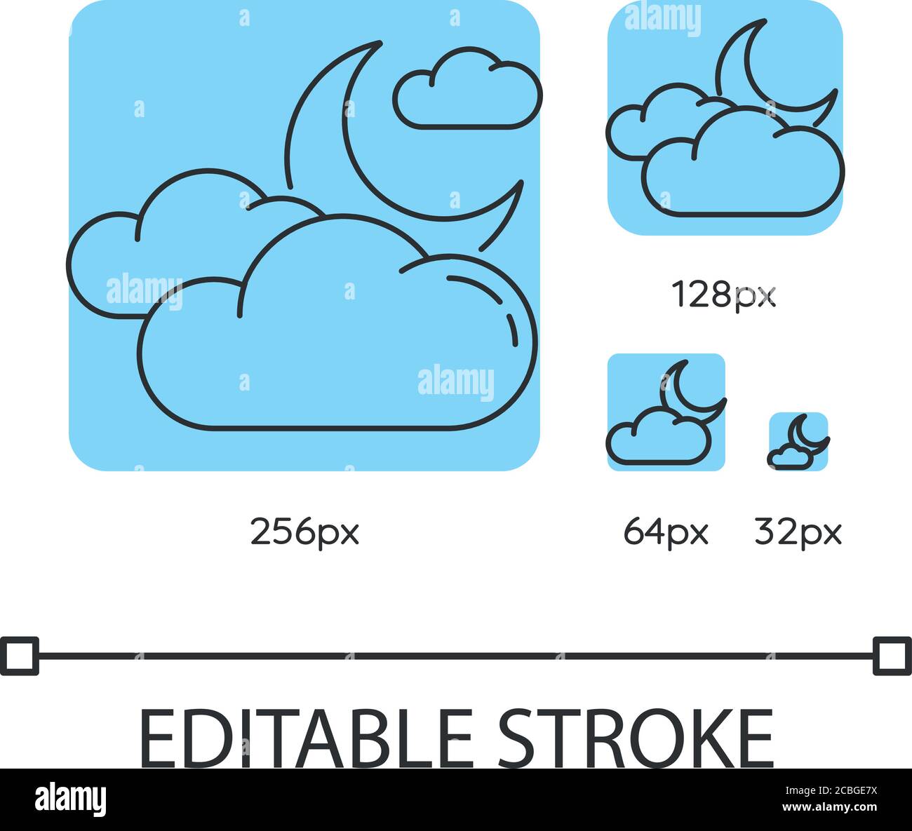 Cloudy night sky turquoise linear icons set Stock Vector