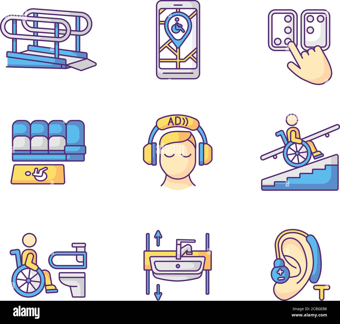 Facilities for people with disabilities RGB color icons set Stock Vector