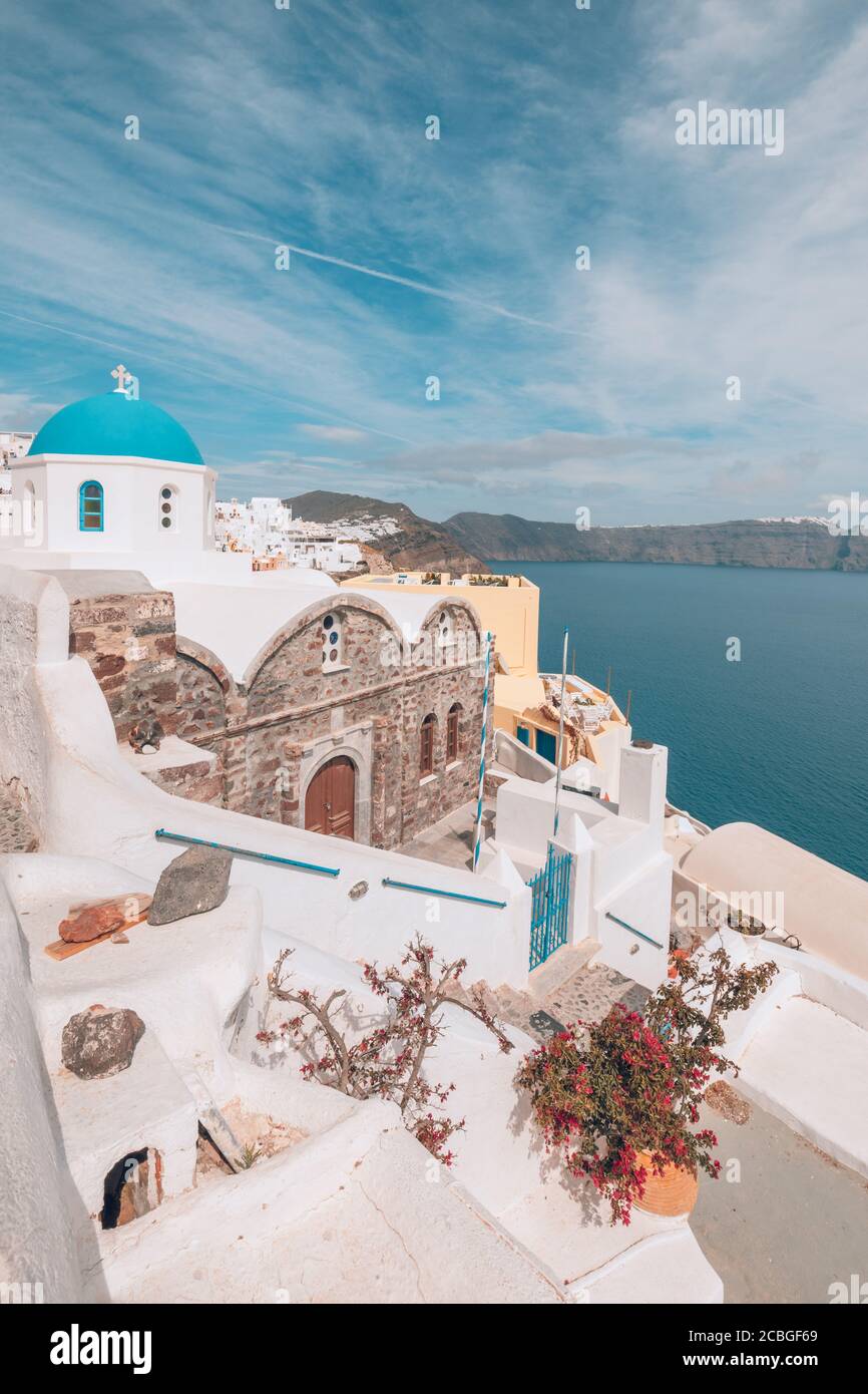 View of Oia the most beautiful village of Santorini island in Greece during summer. Greek landscape, adventure summer holiday Stock Photo