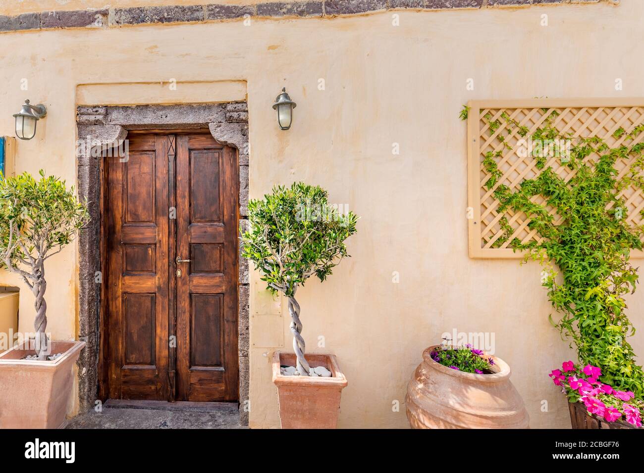 Old charming streets, south France, Provence. Old wooden door with bougainvillea flowers and green plants in ceramic vases Stock Photo