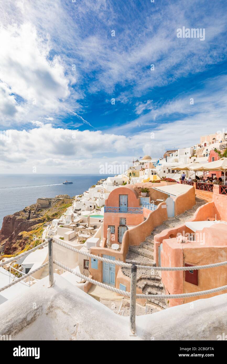 View of Oia the most beautiful village of Santorini island in Greece during summer. Greek landscape, adventure summer holiday Stock Photo