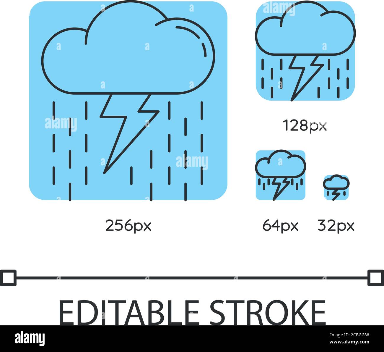Heavy showers turquoise linear icons set Stock Vector