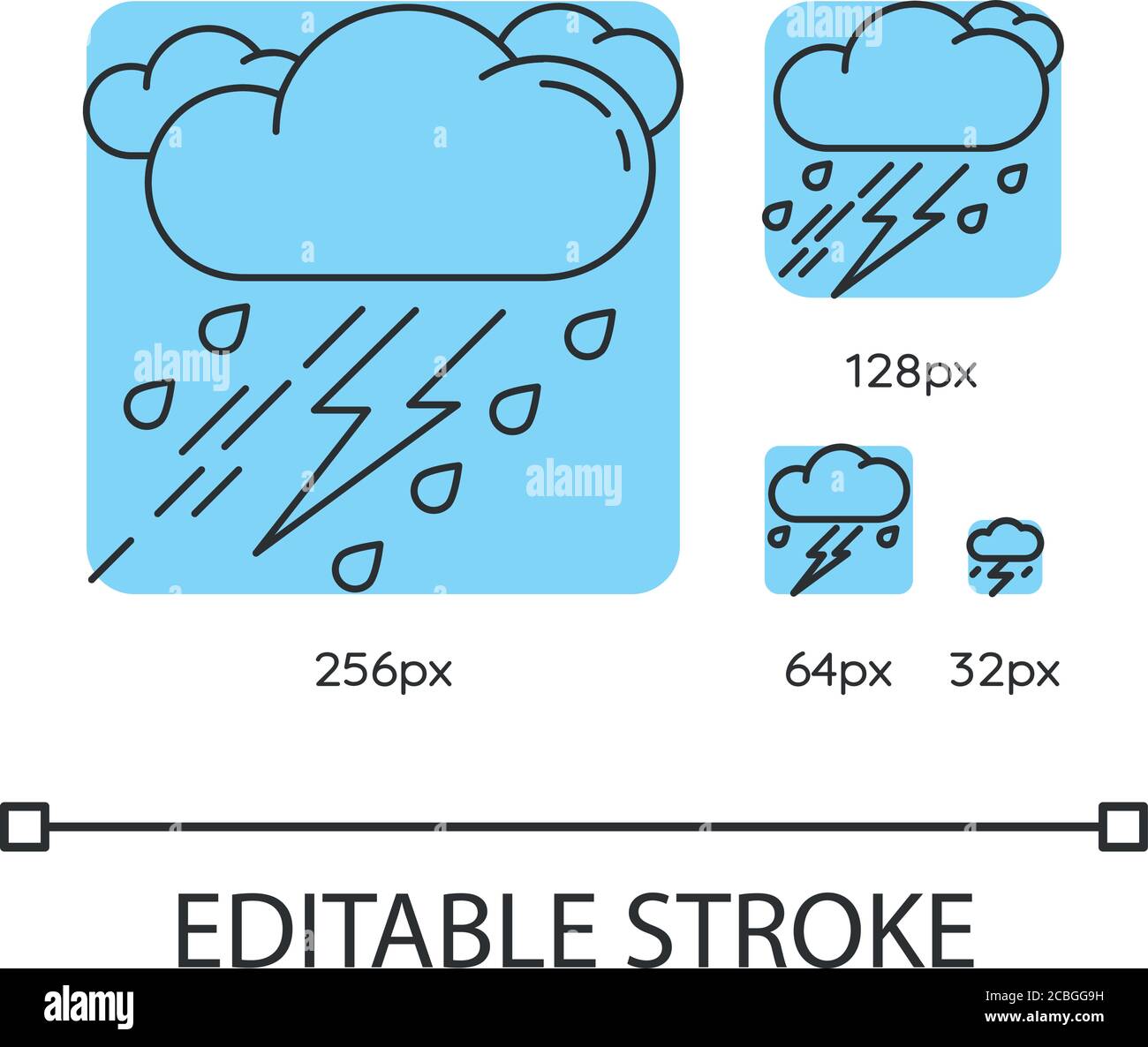 Thunderstorm turquoise linear icons set Stock Vector