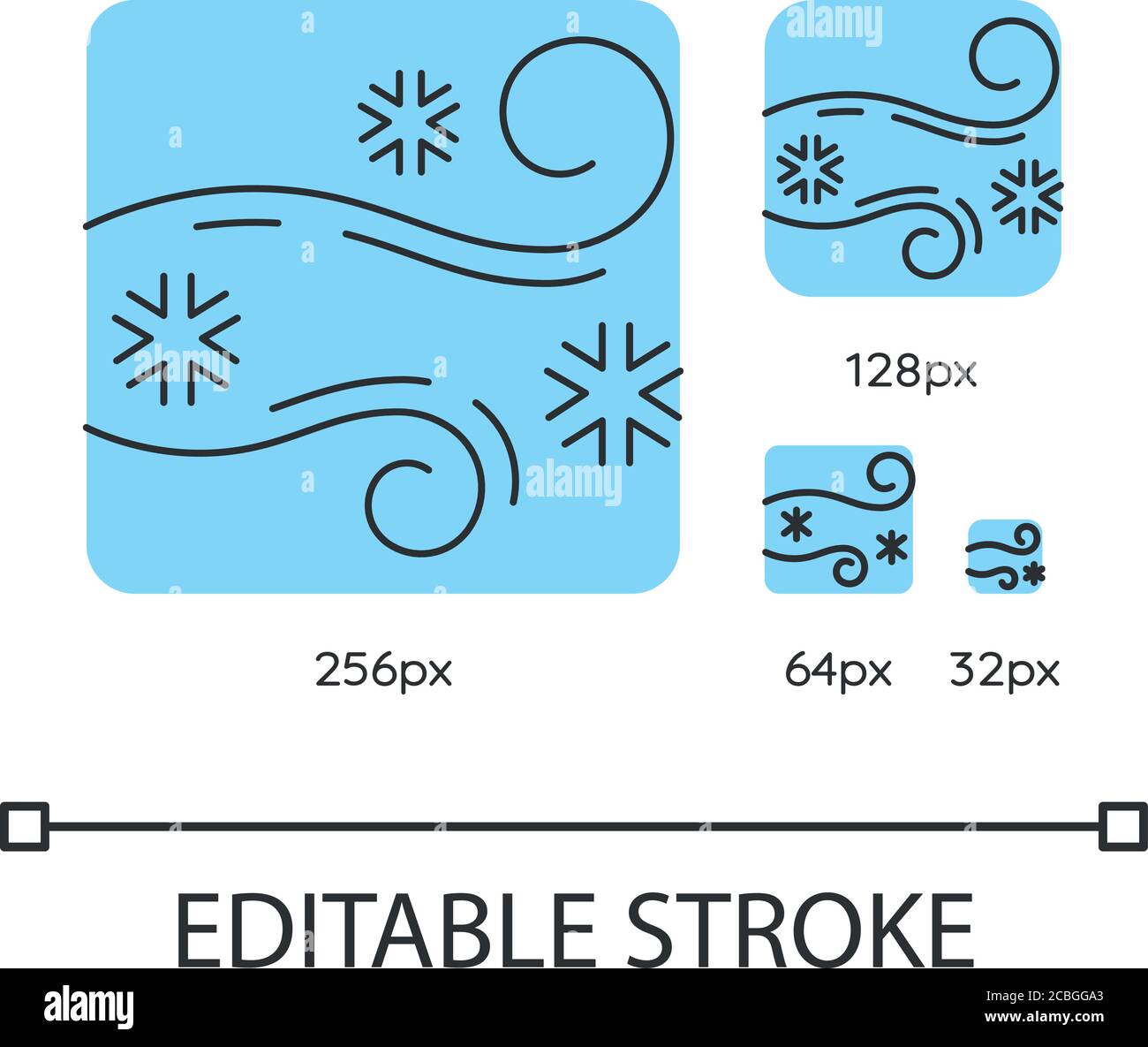 Blowing snow turquoise linear icons set Stock Vector