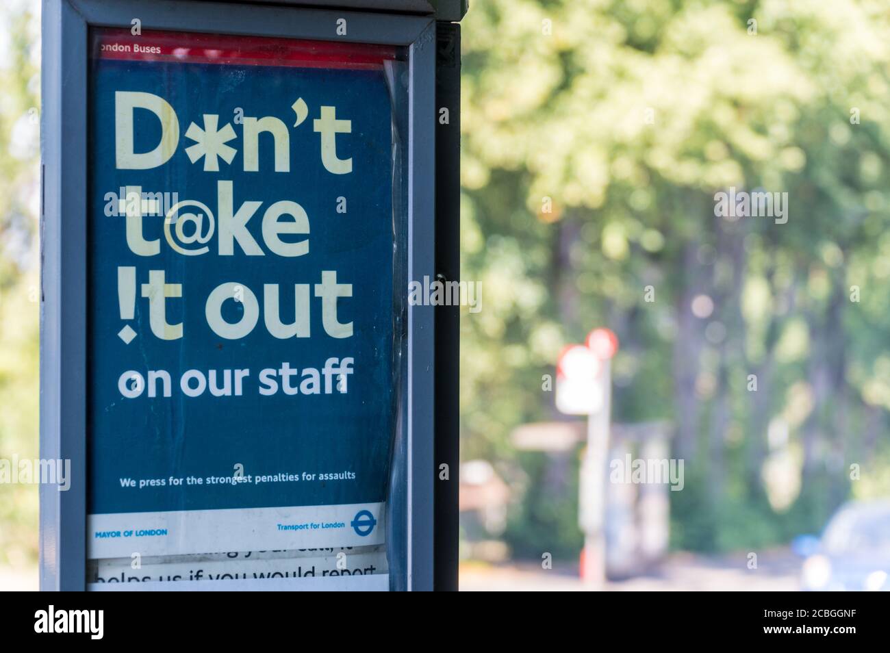 Don't take it out on our staff campaign by Transport for London (TFL) poster in London bus stop to stop abuse on the Bus drivers Stock Photo
