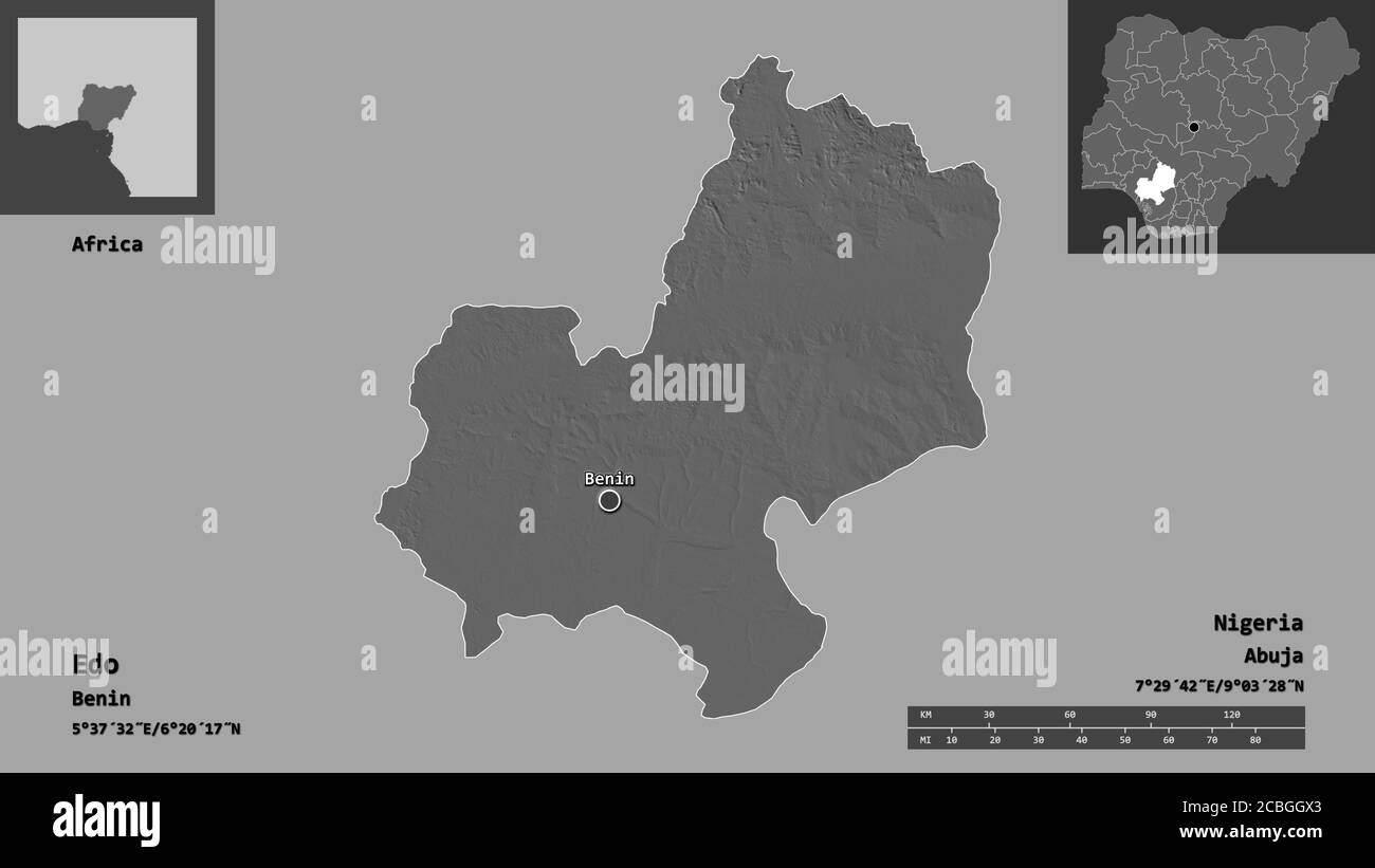 Shape of Edo, state of Nigeria, and its capital. Distance scale, previews and labels. Bilevel