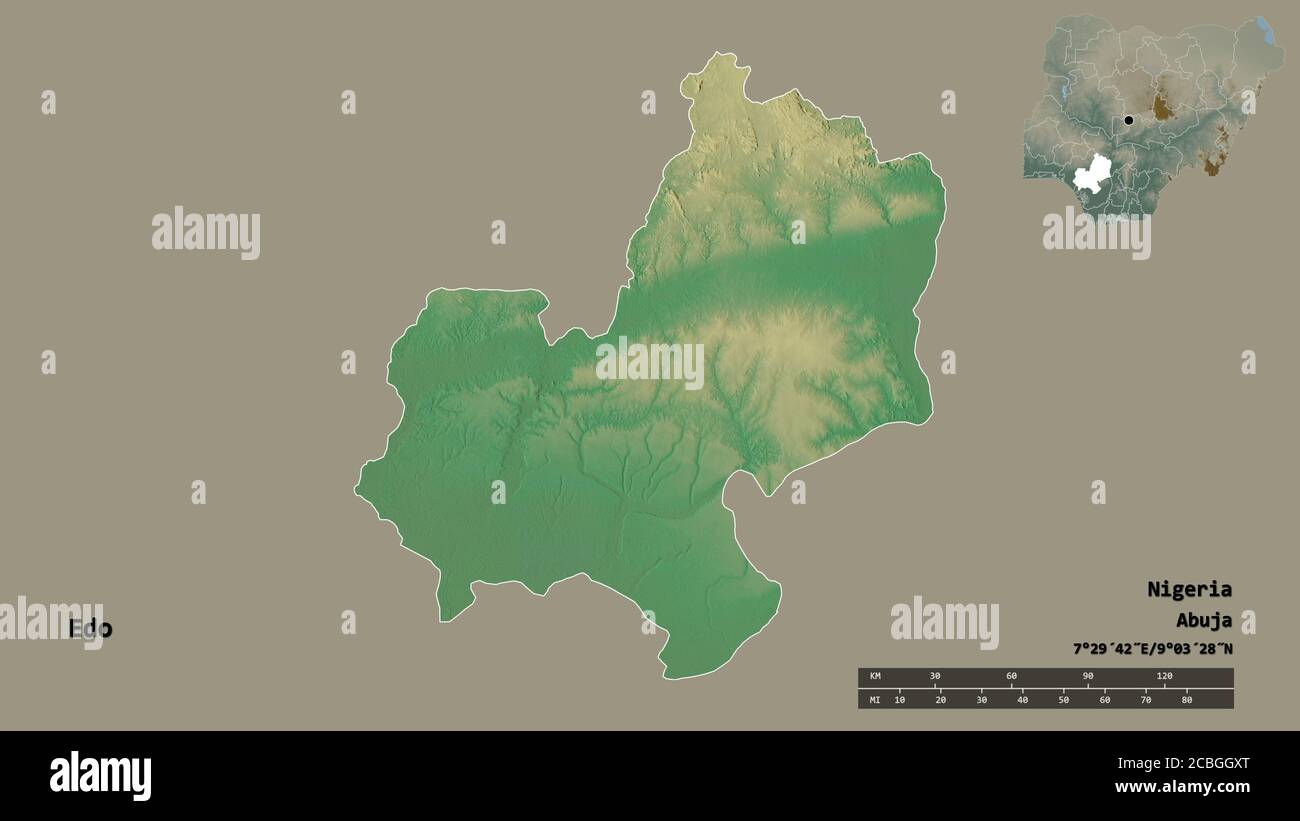 Shape of Edo, state of Nigeria, with its capital isolated on solid ...