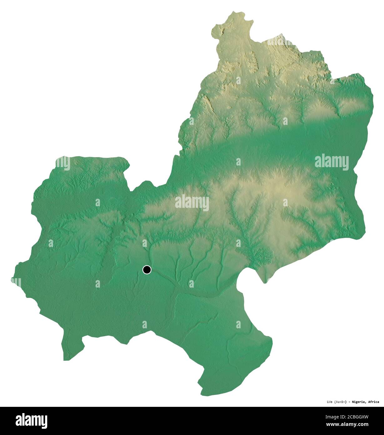 Shape of Edo, state of Nigeria, with its capital isolated on white background. Topographic