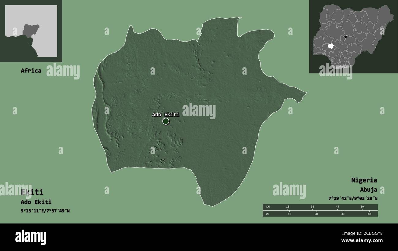 Map Of Ado Ekiti Shape Of Ekiti, State Of Nigeria, And Its Capital. Distance Scale, Previews  And Labels. Bilevel Elevation Map. 3D Rendering Stock Photo - Alamy