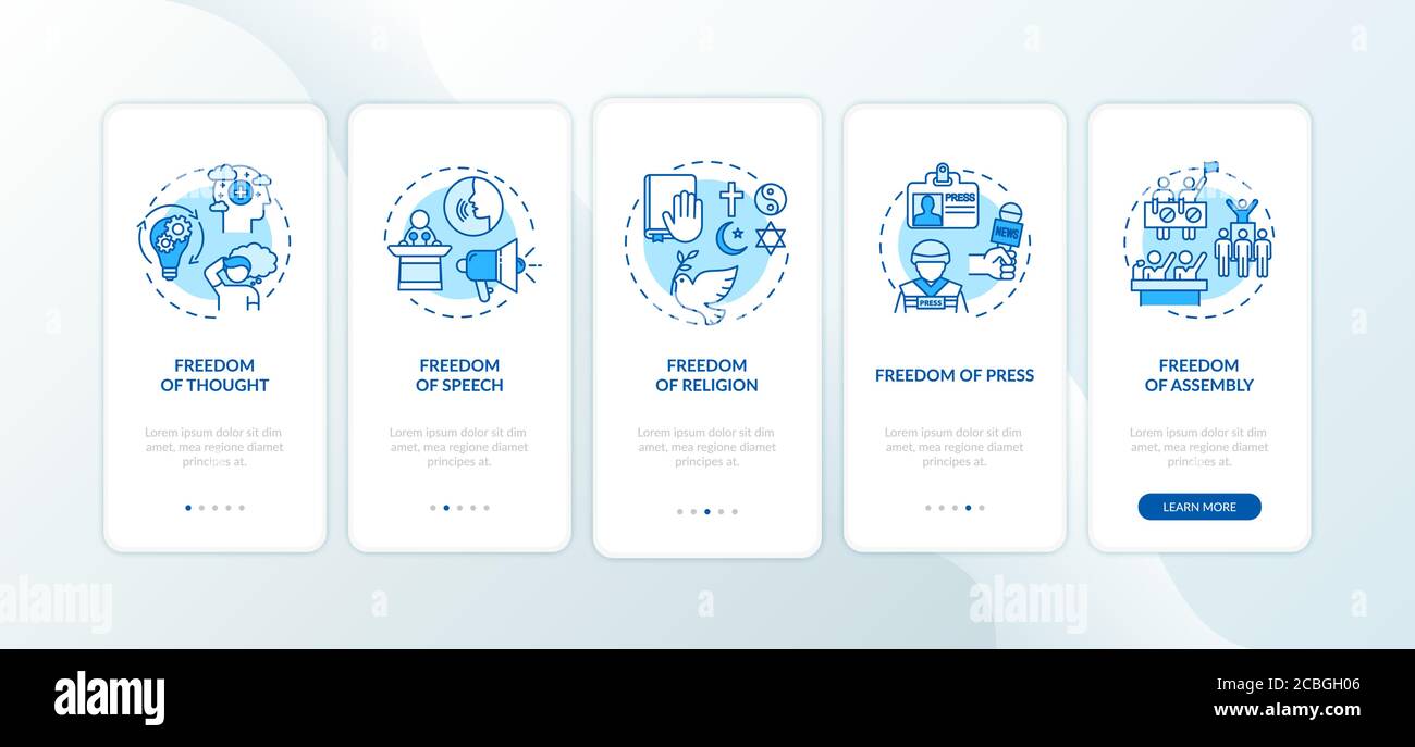 Basic human freedoms onboarding mobile app page screen with concepts Stock Vector