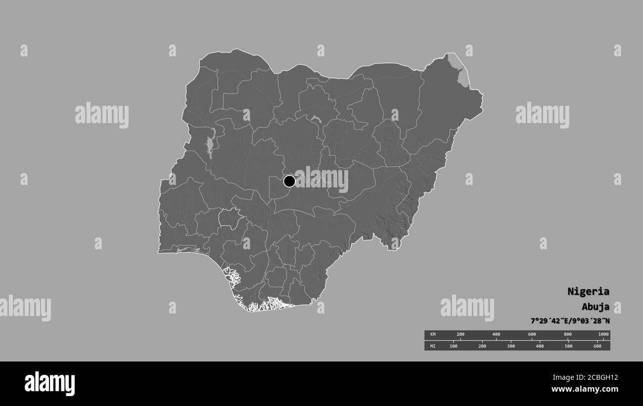 Desaturated shape of Nigeria with its capital, main regional division and the separated Ekiti area. Labels. Bilevel elevation map. 3D rendering Stock Photo