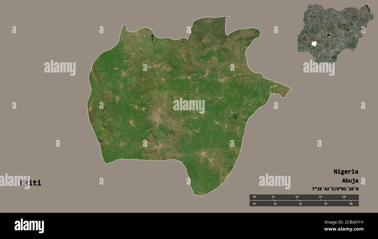 Shape of Ekiti, state of Nigeria, with its capital isolated on solid background. Distance scale, region preview and labels. Satellite imagery. 3D rend Stock Photo
