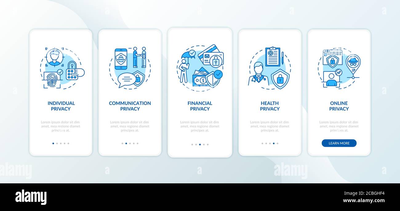 Privacy types onboarding mobile app page screen with concepts Stock Vector