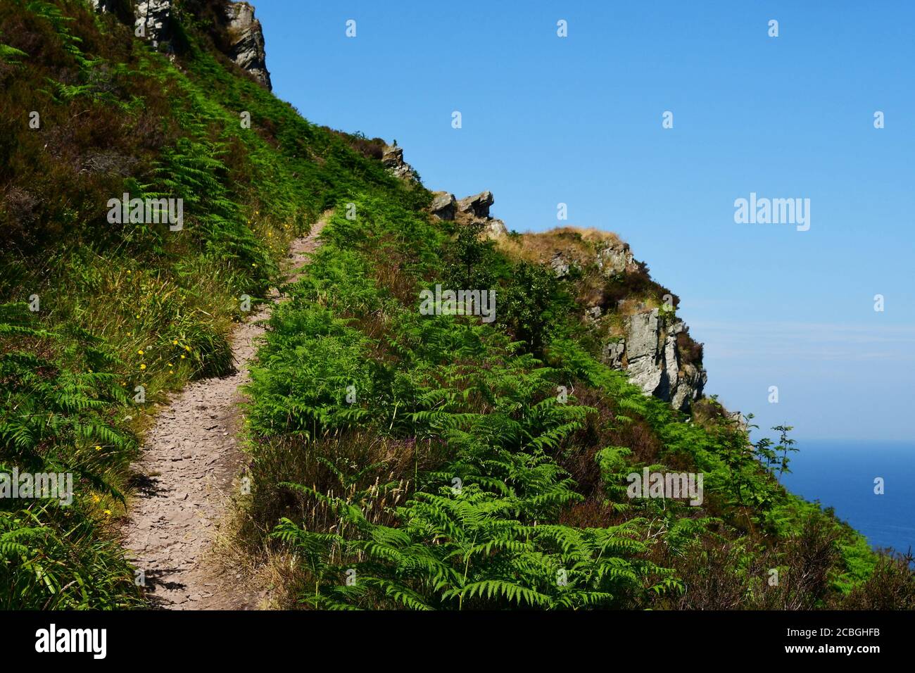 The coast path climbs steeply towards a rocky outcrop between Woody Bay and Heddon's Mouth on the North Devon coast. Stock Photo