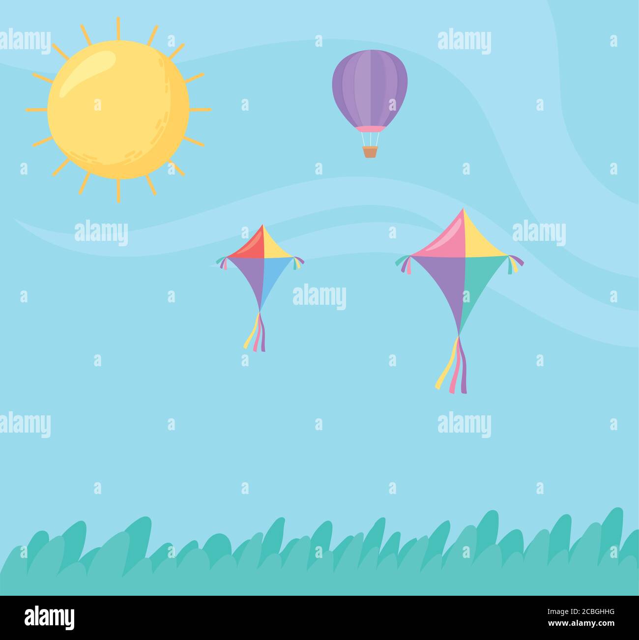 sky flying kites hot air balloon sun meadow cartoon vector illustration  Stock Vector Image & Art - Alamy