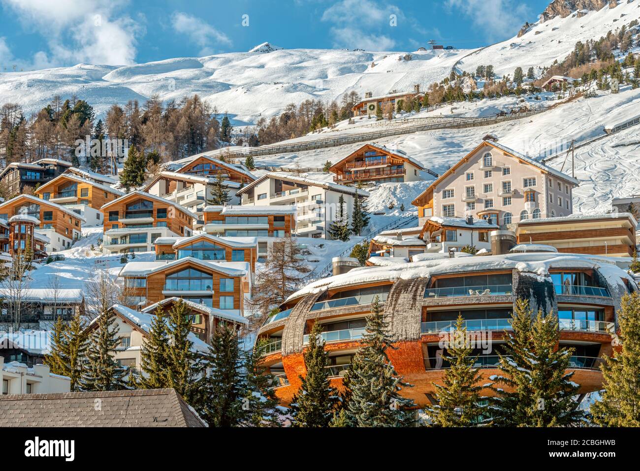 Chesa Futura, built by the famous British architect Lord Norman Foster, St.Moritz in winter, Grisons, Switzerland Stock Photo