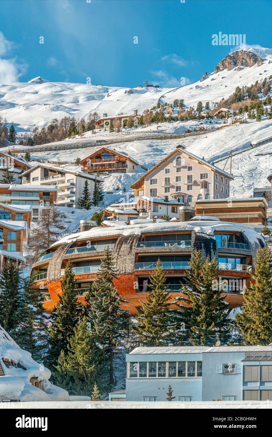 Chesa Futura, built by the famous British architect Lord Norman Foster, St.Moritz in winter, Grisons, Switzerland Stock Photo