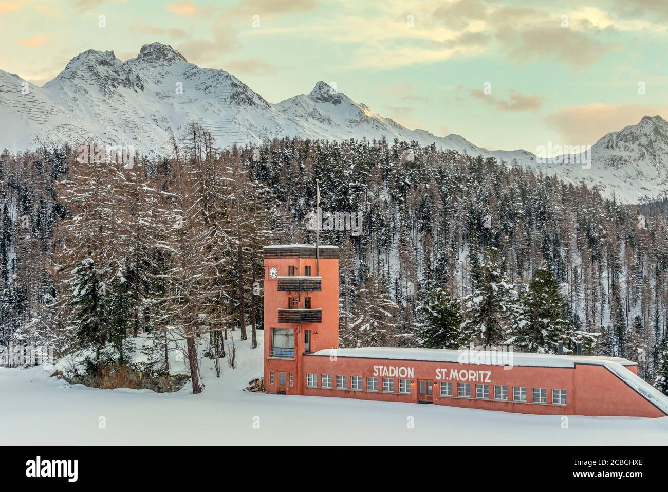 St.Moritz Olympic Ice Rink stadium, Grisons, Switzerland, in winter. Stock Photo
