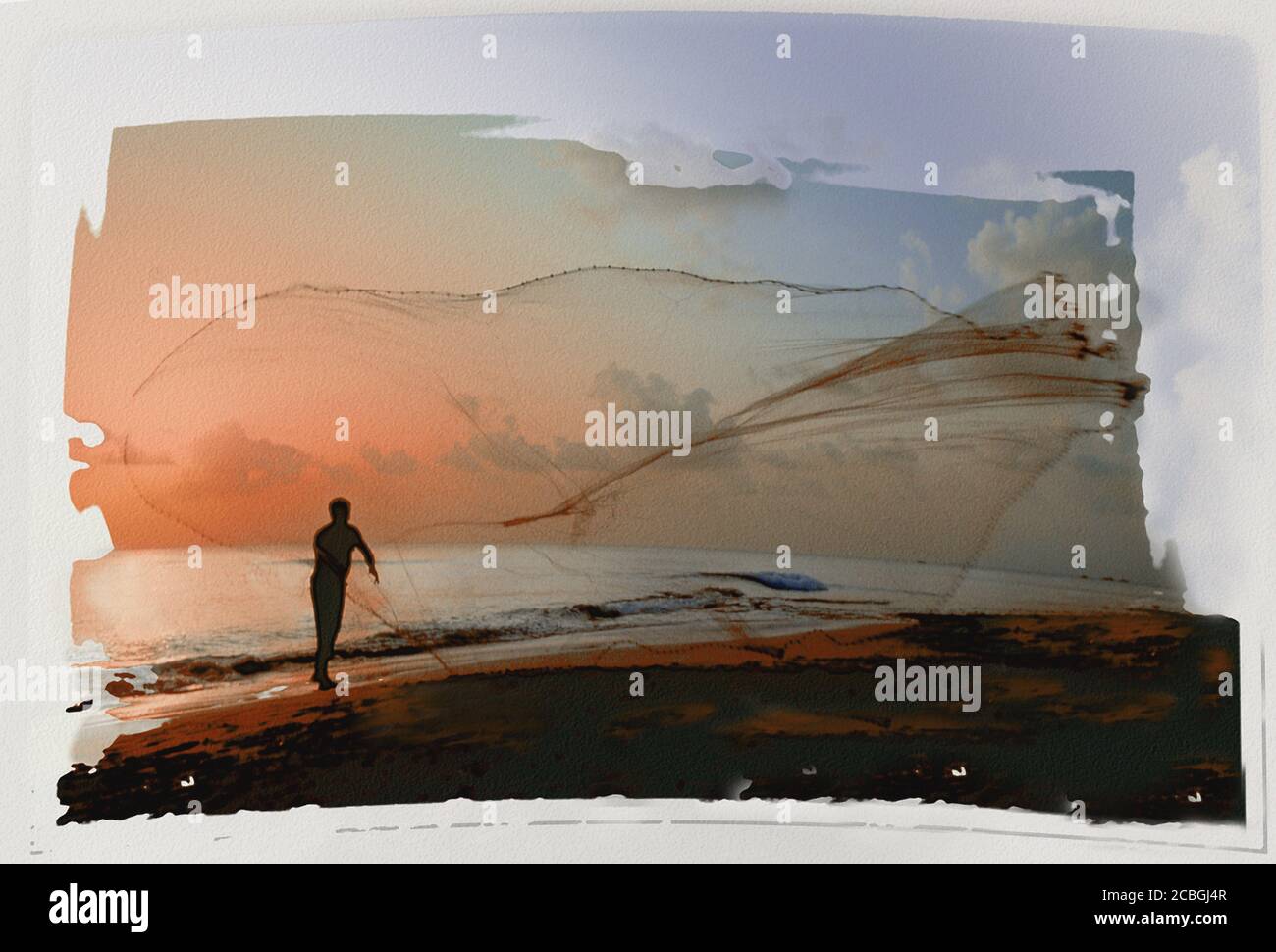 Digitally Enhanced Beach scene with Man throwing Net Stock Photo