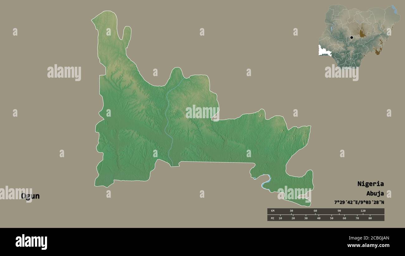 Shape of Ogun, state of Nigeria, with its capital isolated on solid ...