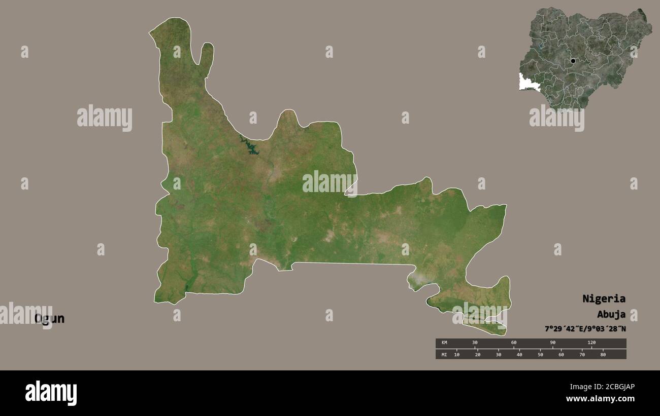 Shape of Ogun, state of Nigeria, with its capital isolated on solid ...