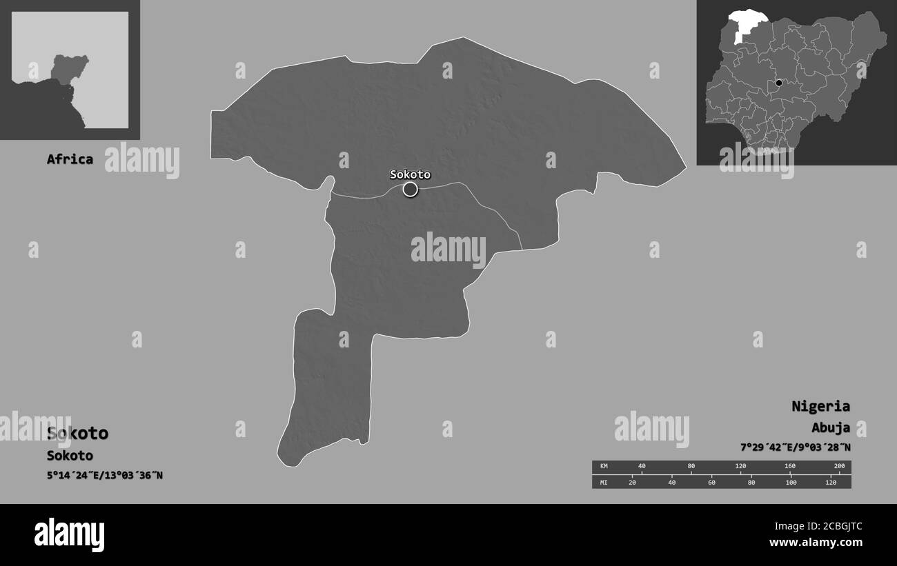 Shape of Sokoto, state of Nigeria, and its capital. Distance scale, previews and labels. Bilevel