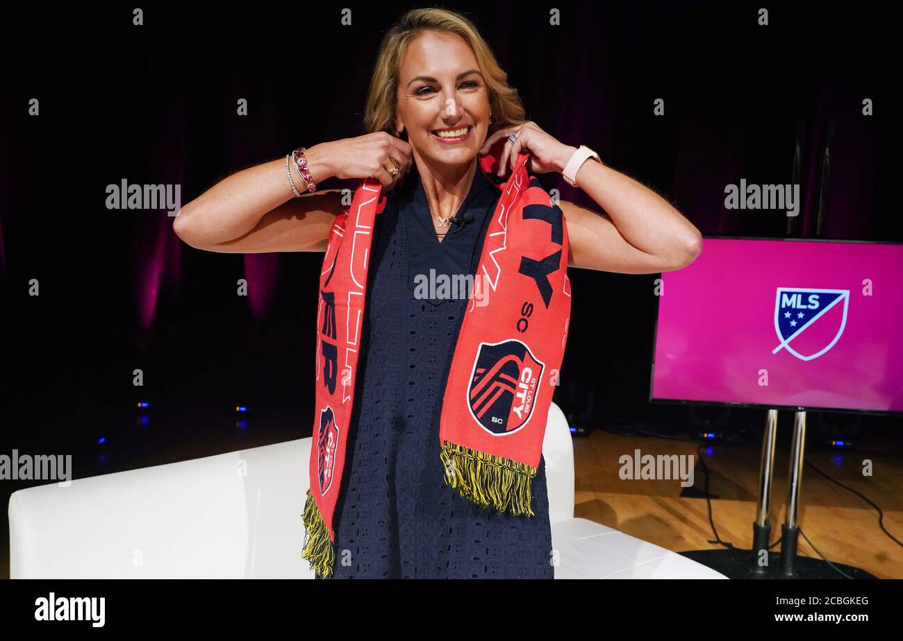 St. Louis, United States. 13th Aug, 2020. Team CEO Carolyn Kindle Betz, adjusts her scarf, following the announcement of the new name of the soccer team, their colors and crest during a virtual press conference at Harris Stowe State University in St. Louis on Thursday, August 13, 2020. The name of the team scheduled to play in 2023 is the St. Louis City SC, with the colors being red and navy blue. Photo by Bill Greenblatt/UPI Credit: UPI/Alamy Live News Stock Photo