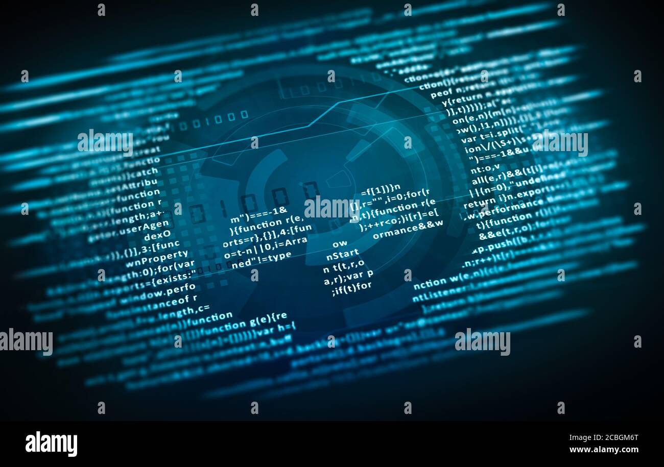 computer virus malware attack. computer code on a screen with a skull symbol Stock Photo