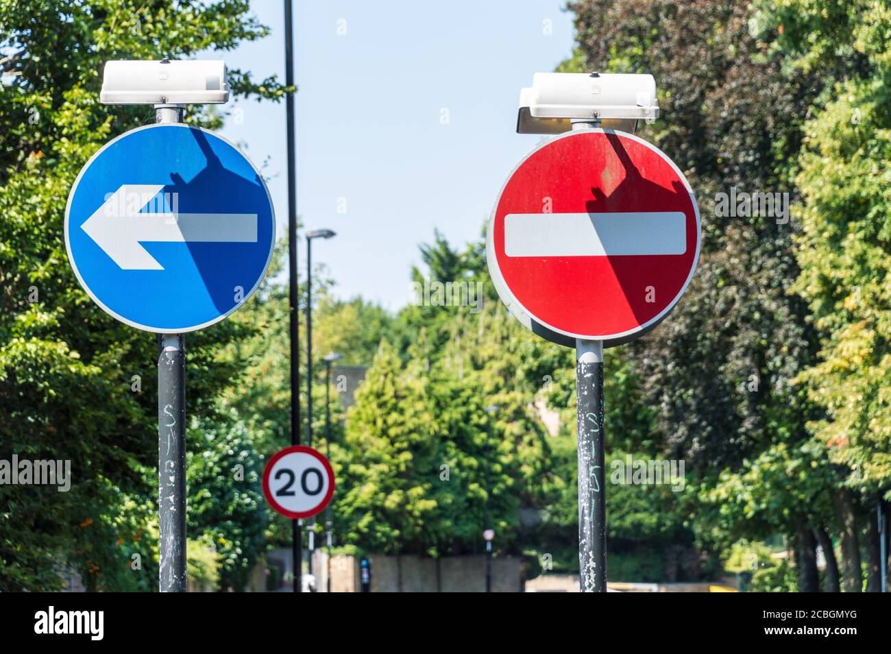 No entry and One way turn road sign Stock Photo
