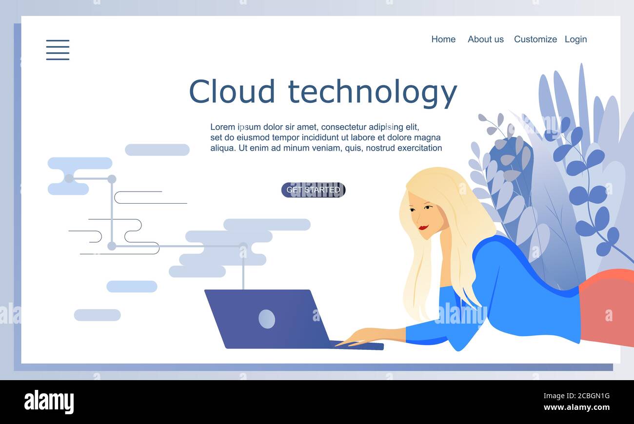 Concept of cloud technology, computer technology. Vector flat illustration. Pretty blond hair girl laying with a laptop. Template of landing page Stock Vector