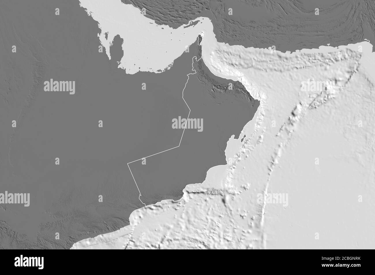 Extended area of outlined Oman. Bilevel elevation map. 3D rendering Stock Photo
