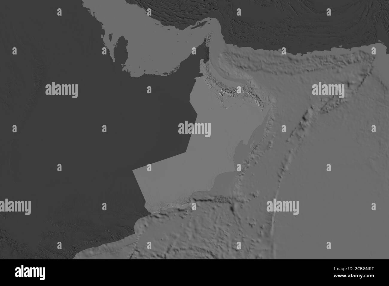 Shape of Oman separated by the desaturation of neighboring areas. Bilevel elevation map. 3D rendering Stock Photo