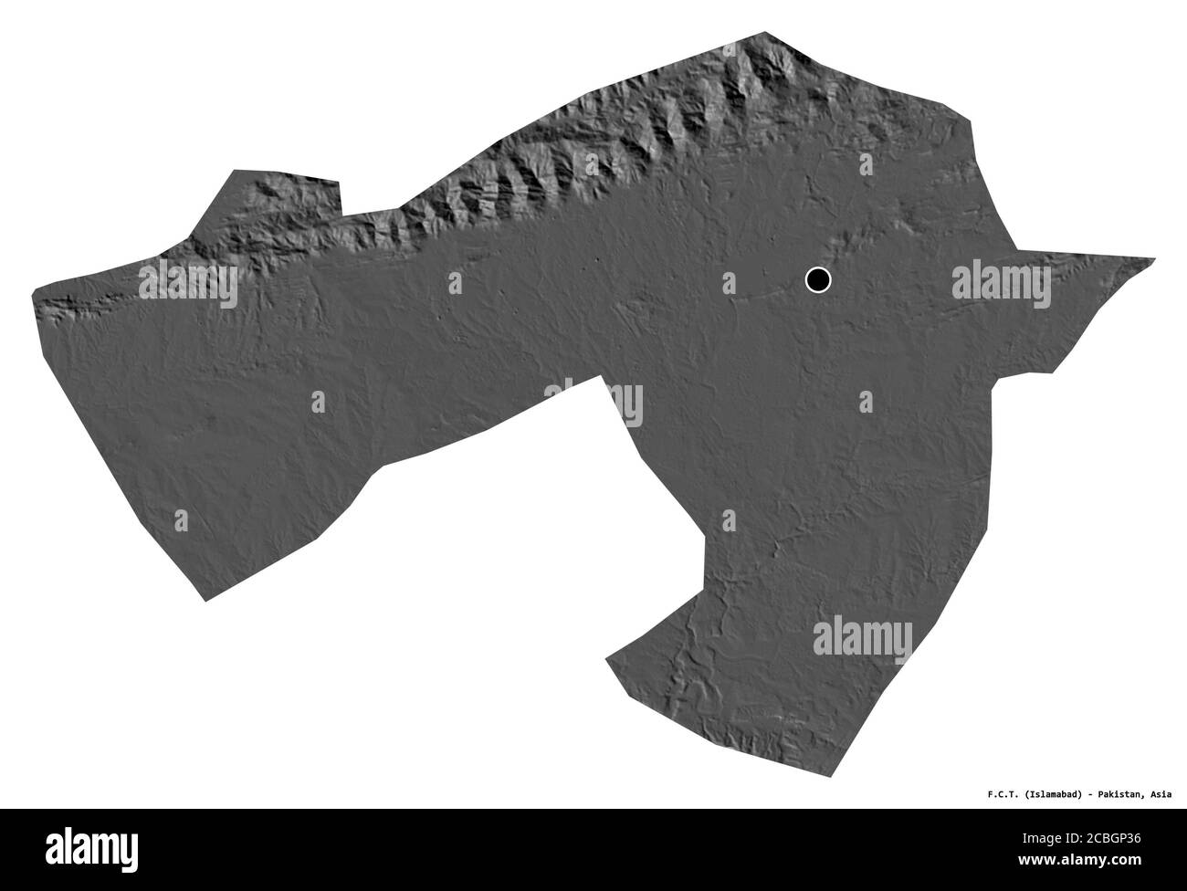 Shape of F.C.T., capital territory of Pakistan, with its capital isolated on white background. Bilevel elevation map. 3D rendering Stock Photo