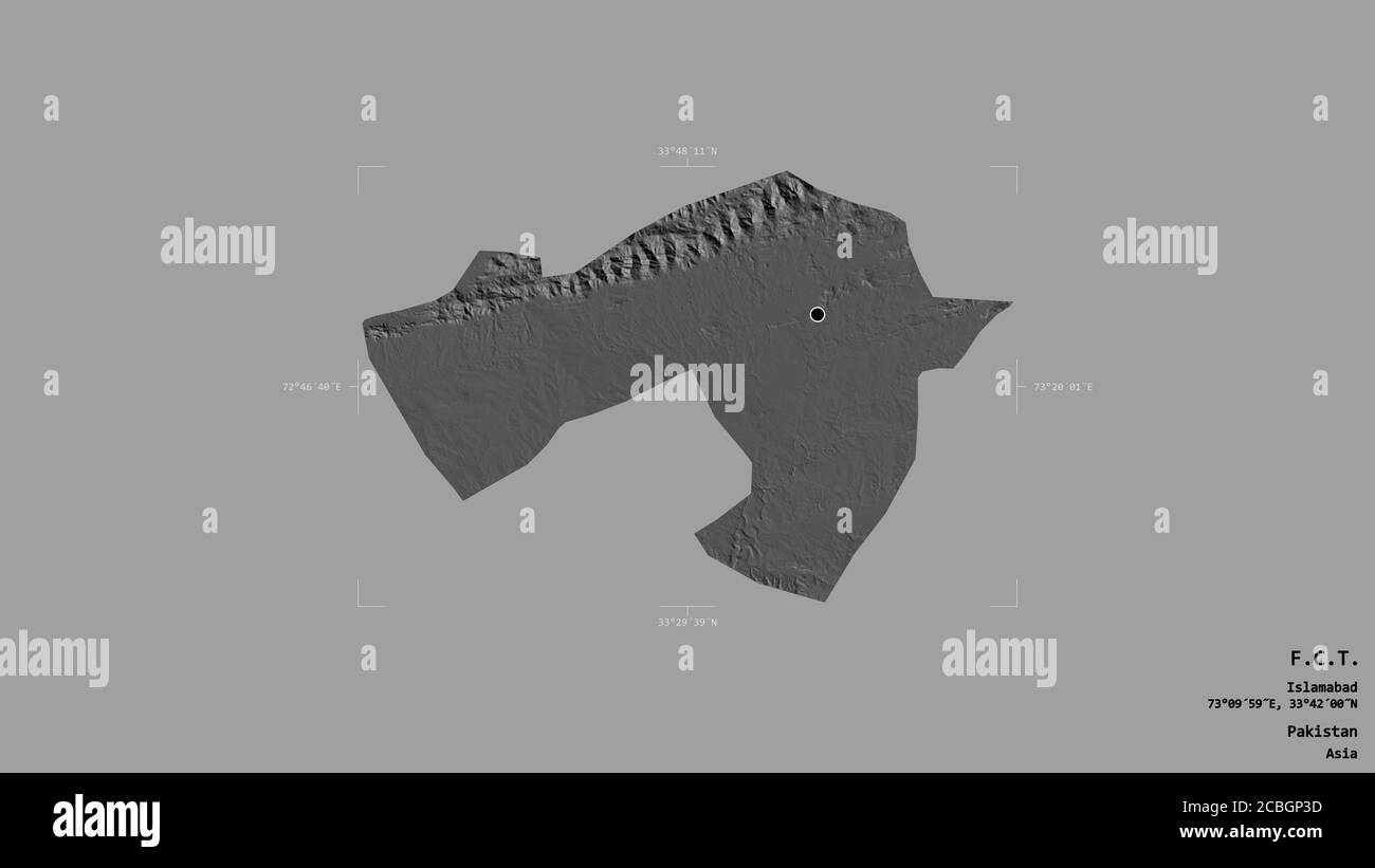 Area of F.C.T., capital territory of Pakistan, isolated on a solid background in a georeferenced bounding box. Labels. Bilevel elevation map. 3D rende Stock Photo