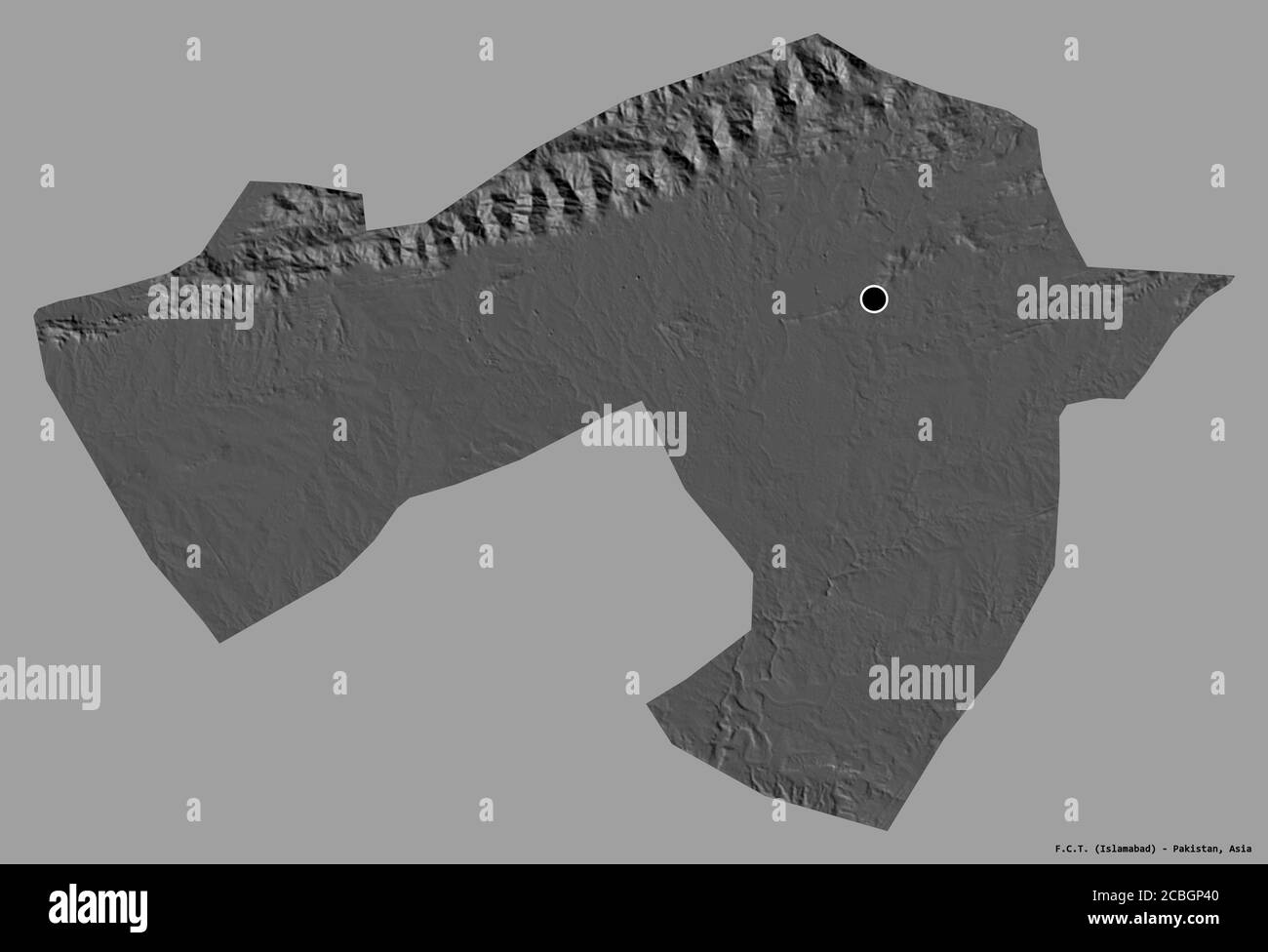 Shape of F.C.T., capital territory of Pakistan, with its capital isolated on a solid color background. Bilevel elevation map. 3D rendering Stock Photo