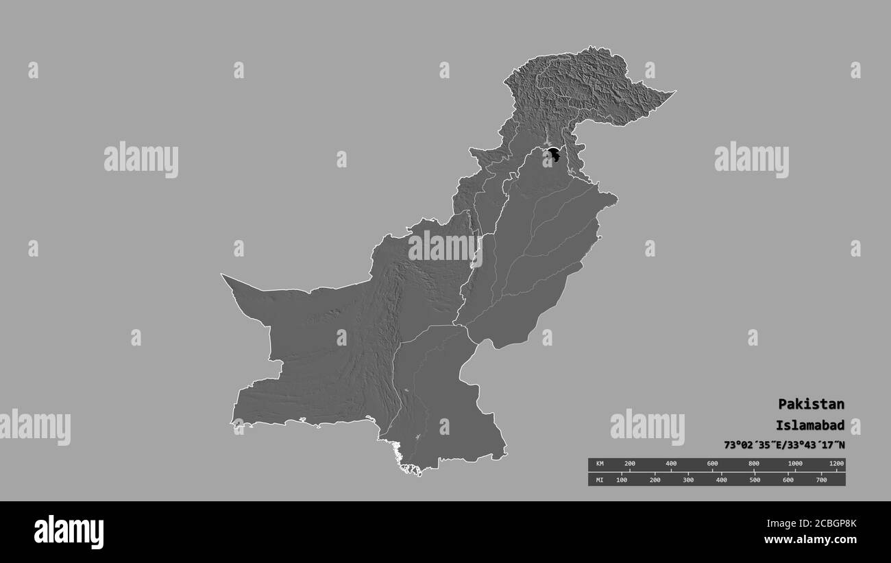 Desaturated shape of Pakistan with its capital, main regional division and the separated Punjab area. Labels. Bilevel elevation map. 3D rendering Stock Photo
