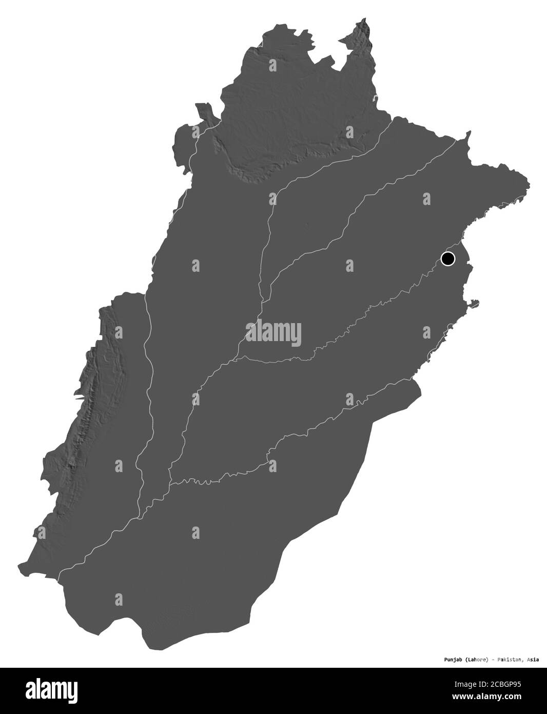 Shape of Punjab, province of Pakistan, with its capital isolated on white background. Bilevel elevation map. 3D rendering Stock Photo