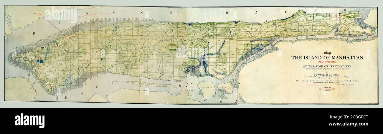 Title: 'The island of Manhattan (Mannahtin) at the time of its discovery showing its elevations, water-courses, marshes, and shore line' [1609]. This is a detailed map produced in 1909 showing many landmarks of Manhattan circa 1609. The many details make it a valuable historical reference. Includes references to Native American people. Also shows major landmarks and streets that would come in future centuries. Stock Photo