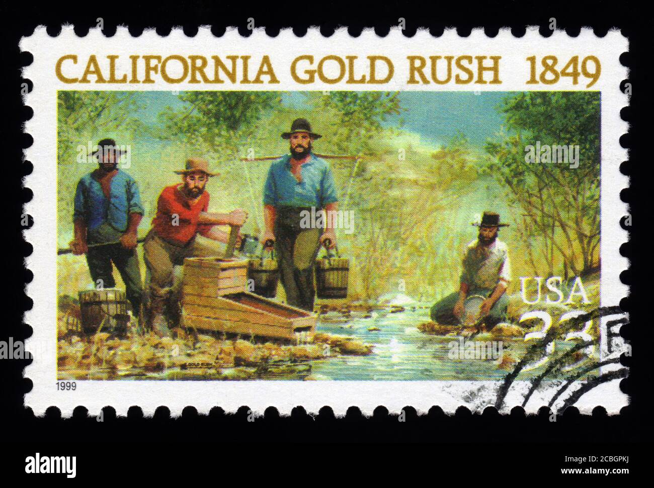 London, UK, February 5 2011 - Vintage 1999 USA cancelled postage stamp  showing an image of California Gold Rush miners panning for gold stamp collect Stock Photo